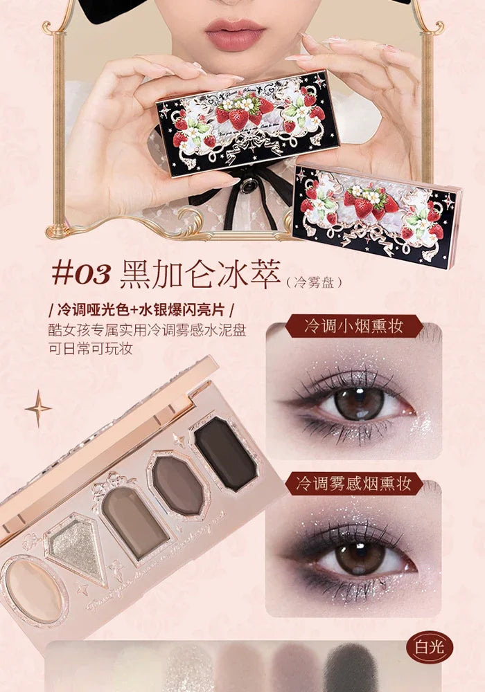 Flower Knows Strawberry Rococo Pressed Glitter Eyeshadow 5 Color Palette with Creamy Texture for Natural Makeup Eye Shadows