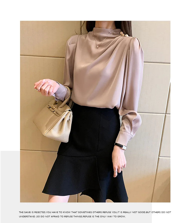 Autumn New Women's Style Stand up Collar Pleated Long Sleeve Top Fashion Lantern Sleeve Loose Elegant Solid Color Shirt Blouse