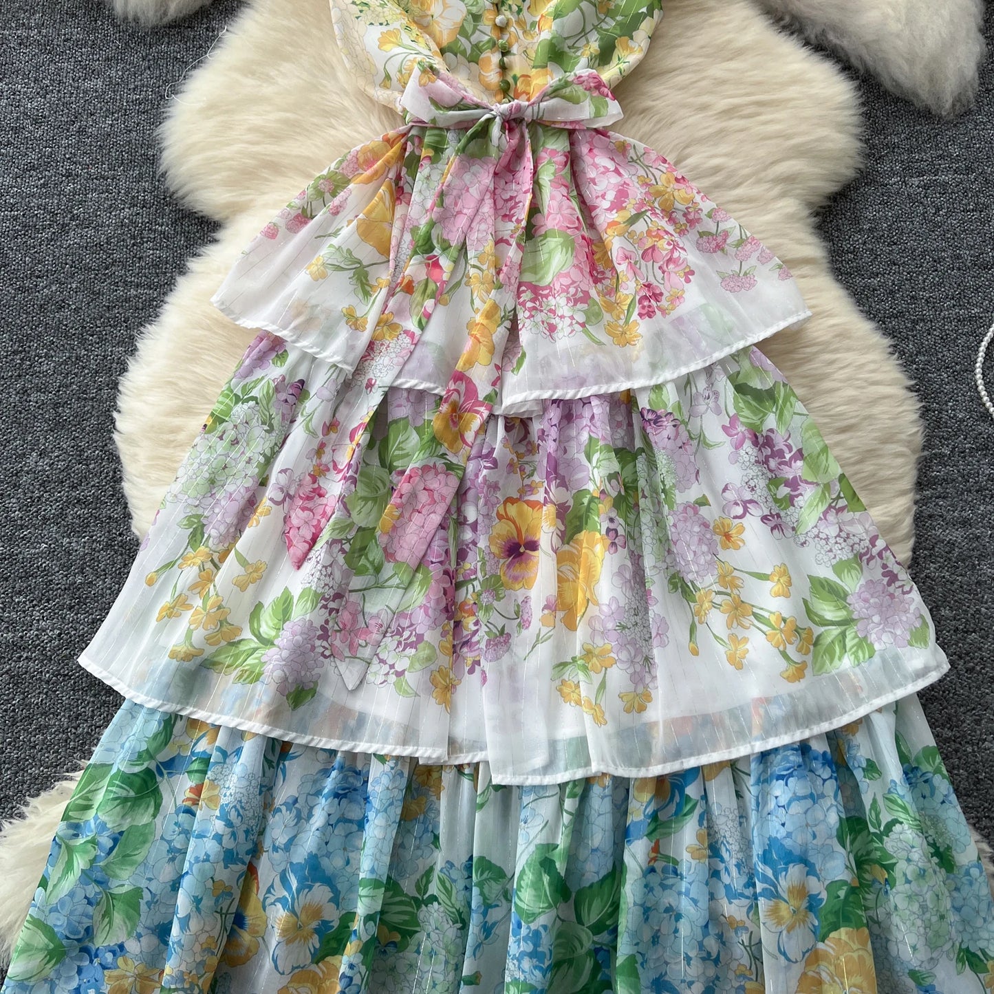 Vintage Print Elegant Sleeveless A-line Vneck Ruffle Bandage Dress Casual Women Fashion Autumn Spring Dress