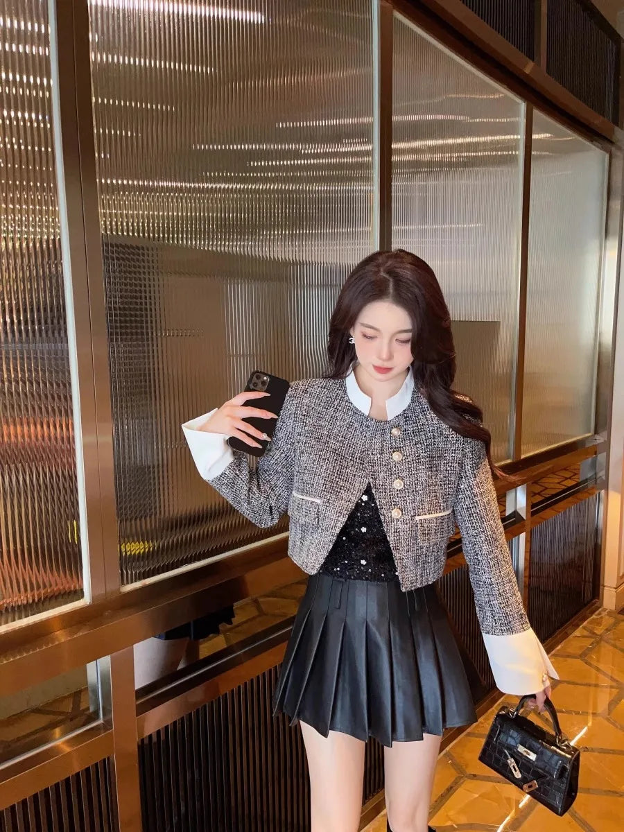 High-end Color Contrast Small Fragrance Equestrian clothing for Women Autumn New Loose and Fashionable Coarse Tweed Short Coat