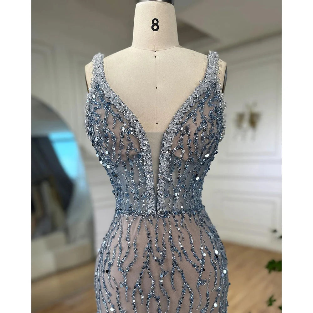 Serene Hill Pink Mermaid High Split Luxury Evening Dresses Feather Beaded Gowns Long 2024 For Women Wedding Party LA72152