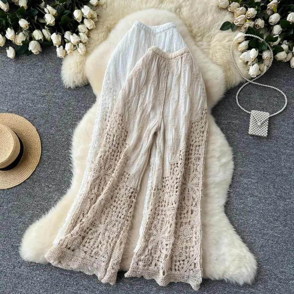 Korean Fashion Women Knitting Trousers Autumn Embroidery Splice Hollow Out High Waist Loose Casual Beach Long Wide Leg Pants New
