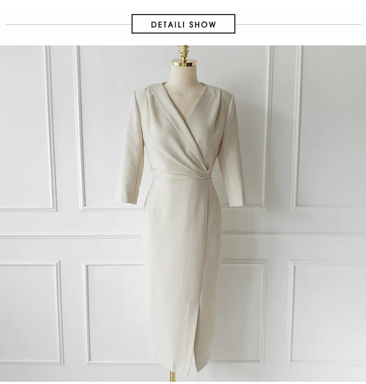 Commuting Style V-neck Mid length One Step Dress with Belt Autumn New Office Women's Slim Fit Waist Closing Beige Split Dresses