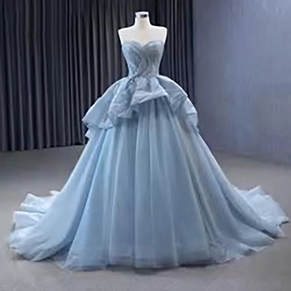 Serene Hill High End Custom Made Gray Blue Strapless Lace Up Beaded Luxury Ball Gown Bride Gowns Wedding Dress HM231064