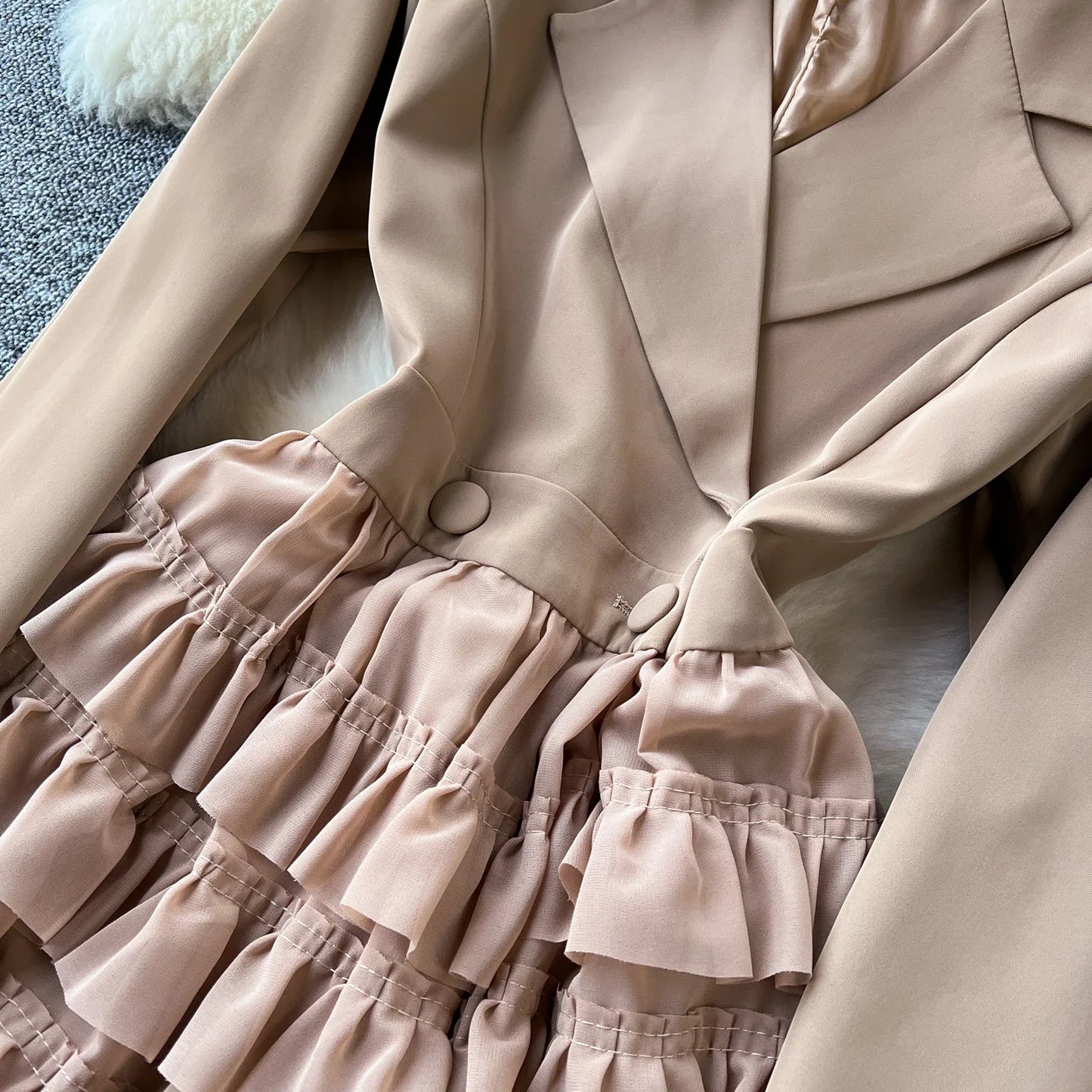 French Vintage Two Pieces Sets Notched lool sleeve mesh sweet A-line Chic PATCHWORK Women Summer dresses