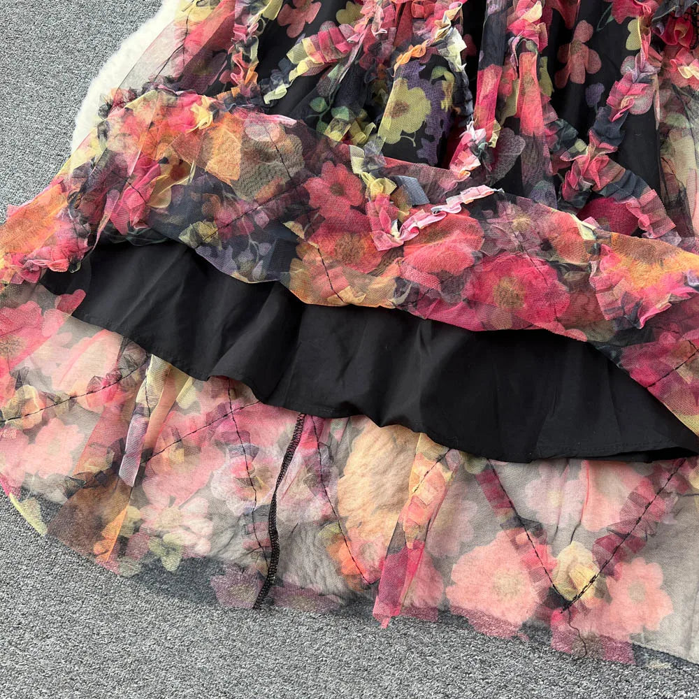 Retro Print Embroidery Elegant Mesh Dress A-line O-neck Long Sleeve Casual High Waist Dress Women Summer