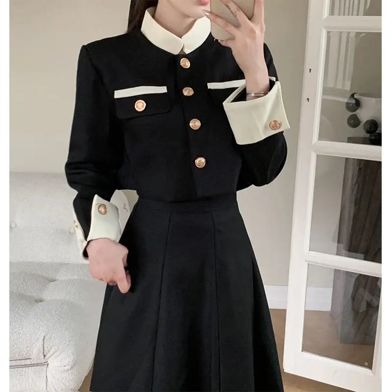 Women’s Elegant Two Piece Set Trendy Chic Sets Single Breasted Cropped Jacket Coat+High Waist Midi A-line Skirts Female Spring
