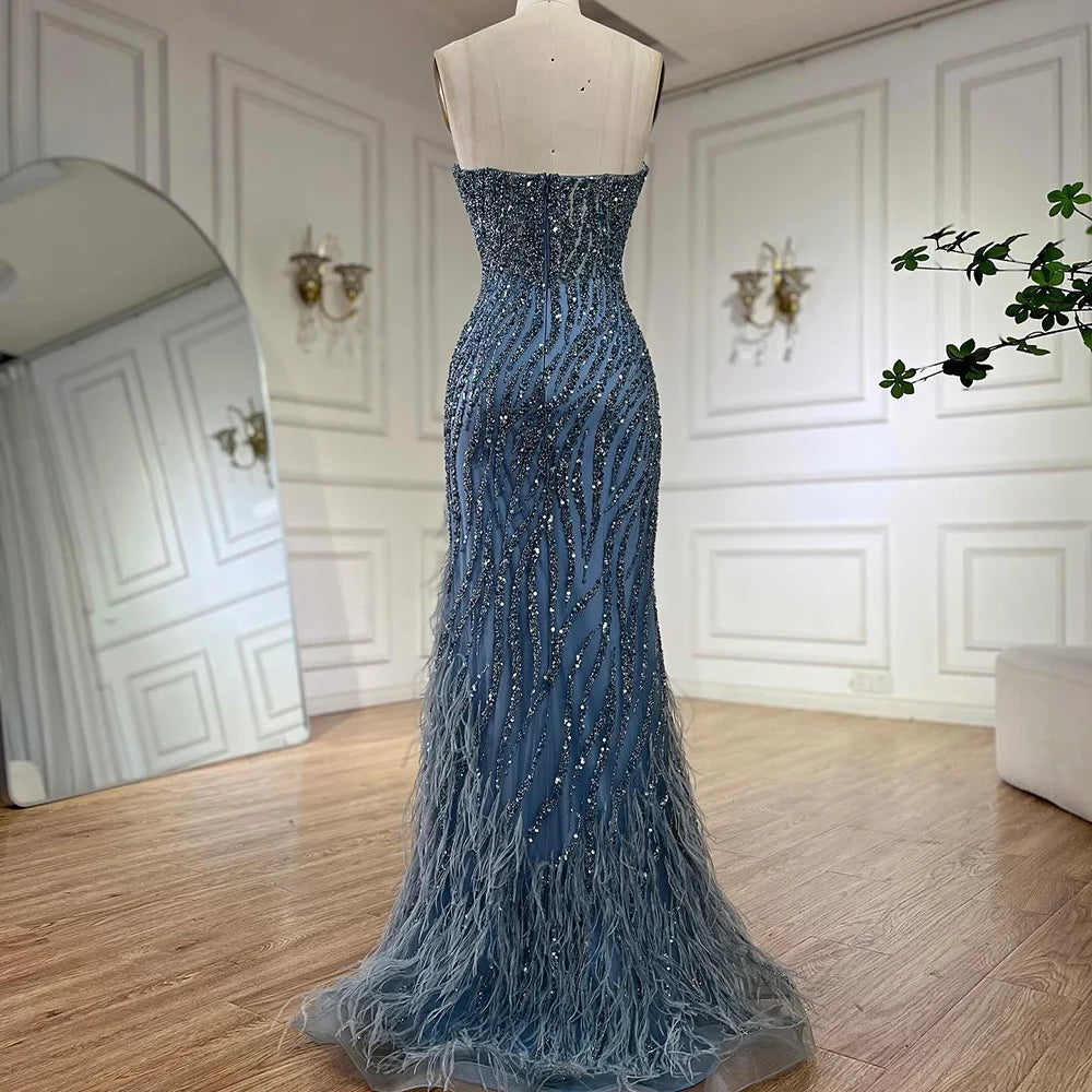 Serene Hill 2024 Arabic Strapless Blue Beaded Feathers Luxury Dubai Evening Gowns with Side Skirt for Women's Party LA72695