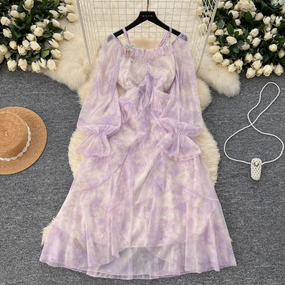 Elegant Bright Silk Print Party Dress for Women Casual Off Shoulder Spaghetti Strap Flare Sleeve Slim Waist Vestidos A-Line Robe