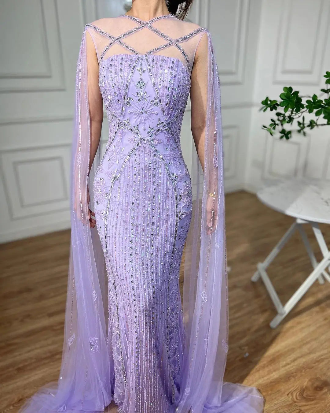 SERENE HILL Arabic Caramel Mermaid Elegant Cape Sleeves Beaded Luxury Evening Dresses 2024 Formal Gown For Women Party GLA71905A