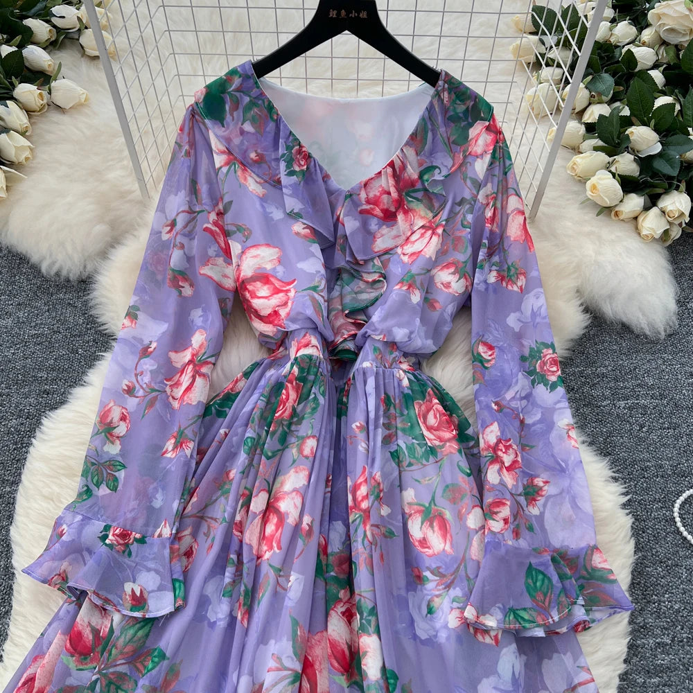 Women Elegant Floral Print Dress for Women Vintage V-Neck Long Sleeves Chiffon Slim A-Line Vestidos Mujer Autumn Female Clothes