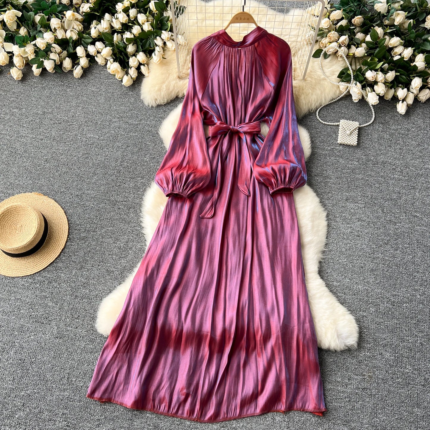 French Vintage Pleated lool sleeve print Lace-up Bow sweet Dress Casual Women Fashion summer dresses
