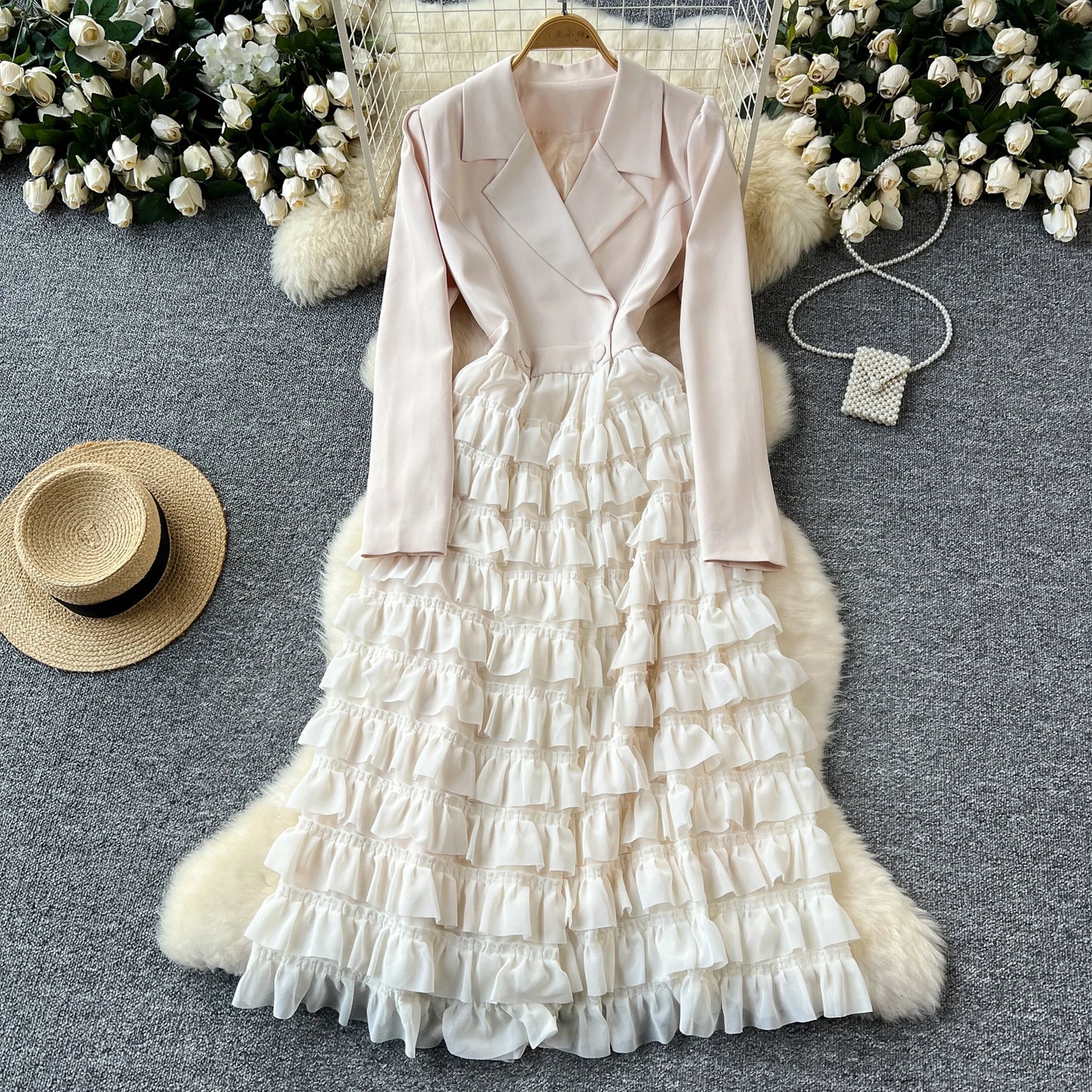 French Vintage Two Pieces Sets Notched lool sleeve mesh sweet A-line Chic PATCHWORK Women Summer dresses