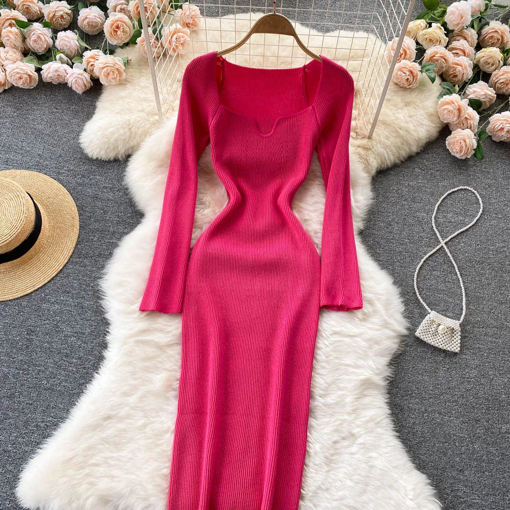 Women Long Sleeve Sexy Bodycon Dress with slit Vintage French Fashion Knit v neck Vestidos Basic Tight Elegant Slim Chic Dresses