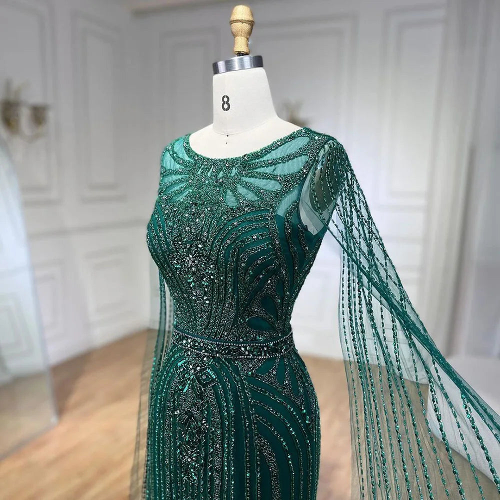 Serene Hill Brown Mermaid Elegant 2024 With Cape Sleeves Beaded Luxury Evening Dresses Gowns For Women Party LA70638