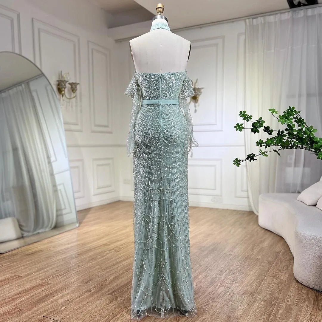 SERENE HILL Dubai Arabic Nude Mermaid With Gloves Luxury Beaded Evening Dresses Gowns 2024 For Women Wedding Party GLA72032A