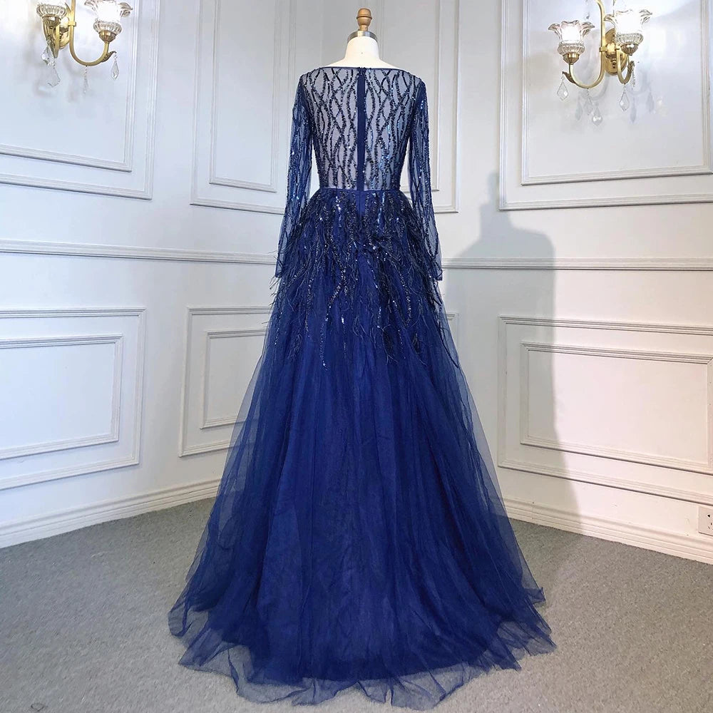 Serene Hill Arabic Red Elegant A Line For Women Long Sleeves Evening Dress Luxury Beaded Handmade Feathers 2024 LA71468