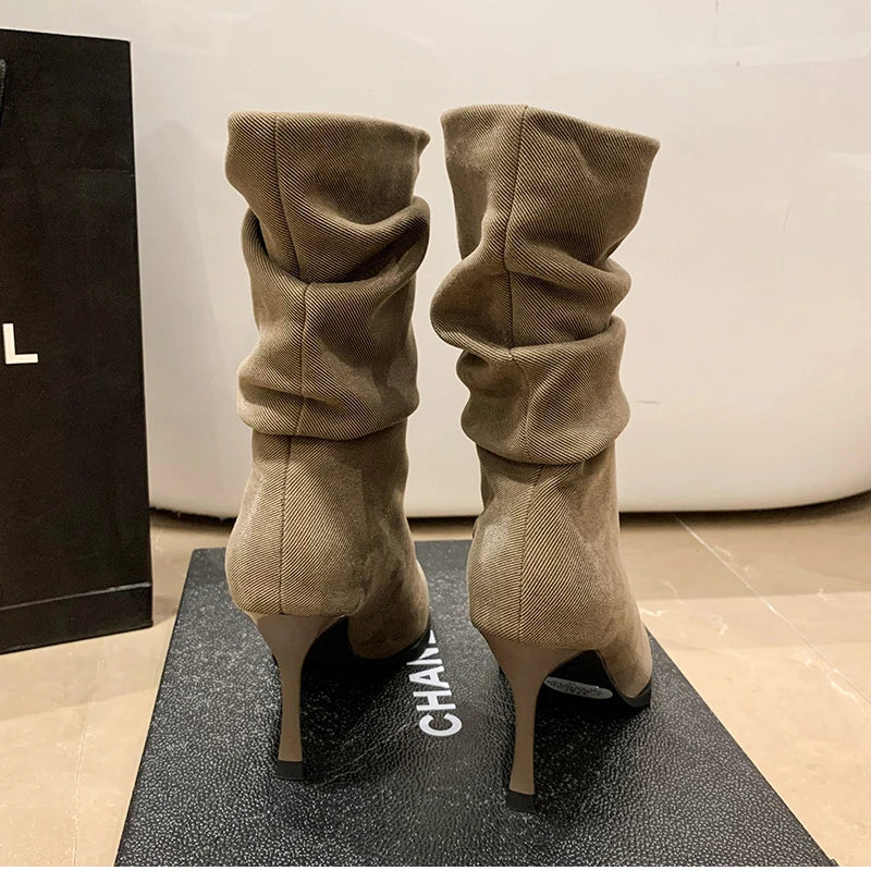 High Heel Women Pleated Ankle Boots Fashion Pointed Toe Slip On Shoes Dancing Party Dress Short Botas De Mujer
