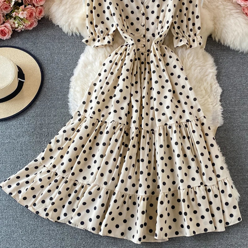 New Summer Women's Fashion Vintage Polka Dot Midi Dress Elegant and Chic A-Line Party Casual White Black Vestidos Female Robe