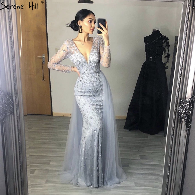 Lilac Long Sleeves Luxury Evening Dresses 2024 Dubai Elegant Diamond Mermaid Beaded Formal Dress Serene Hill LA70341