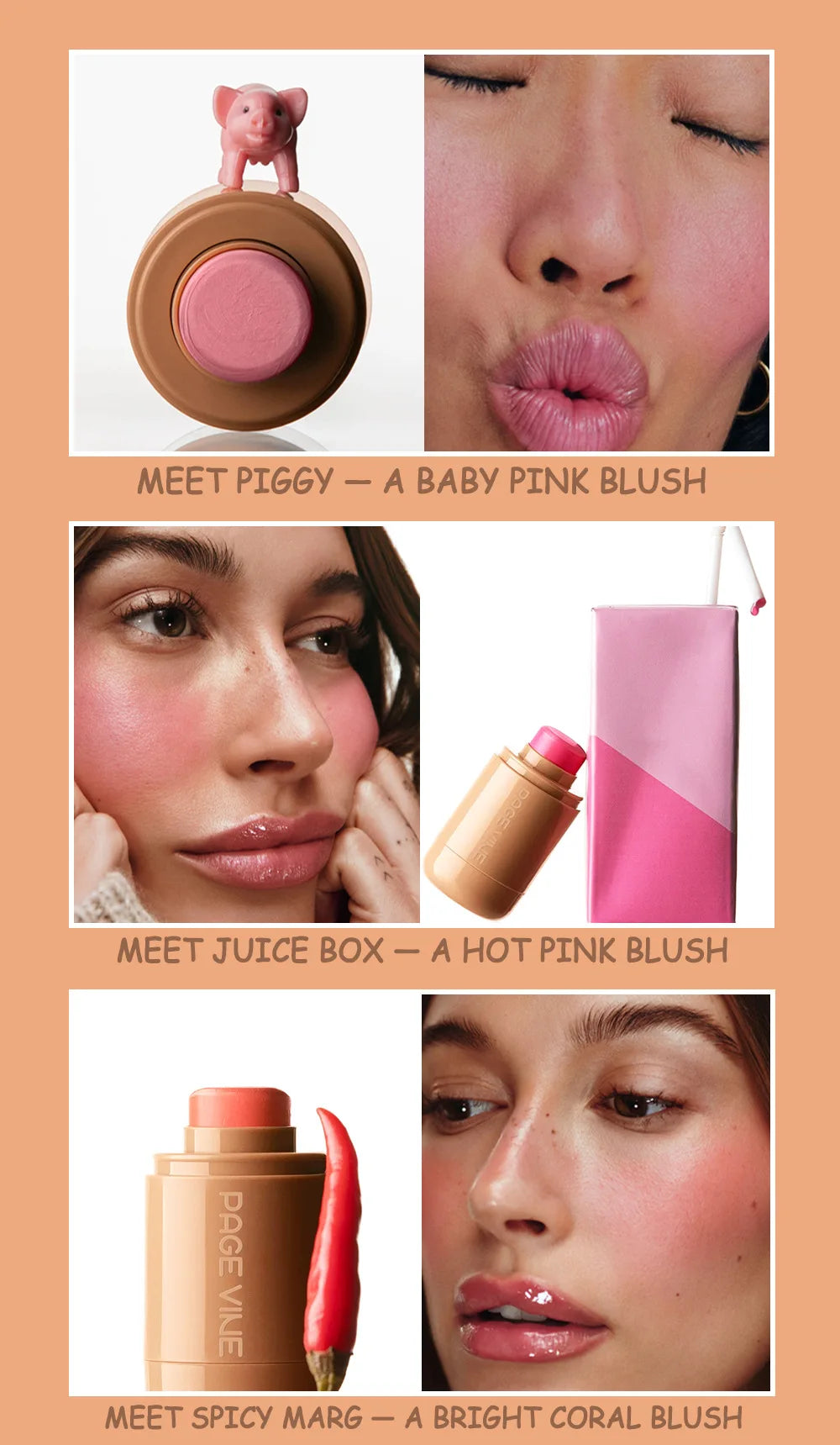PAGE VINE Pocket Blush Stick Multi-Functional 6 Colors Lip & Cheek Highlighter Waterproof Natural Glow Balm