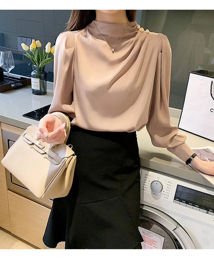 Autumn New Women's Style Stand up Collar Pleated Long Sleeve Top Fashion Lantern Sleeve Loose Elegant Solid Color Shirt Blouse