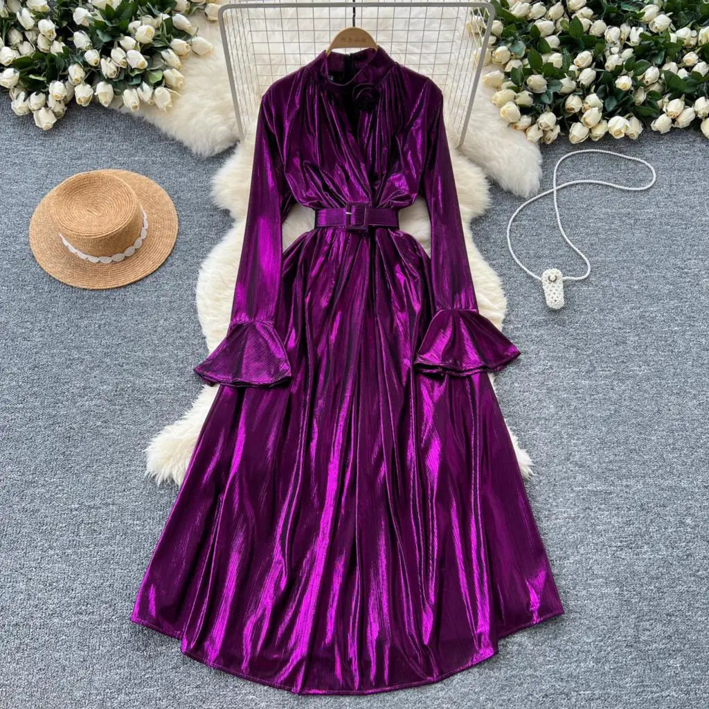 Autumn Vintage Pleated Women Long Dress Elegant Stand Collar Solid A-Line Party Prom Vestidos Female Birthday Clothes Mujers