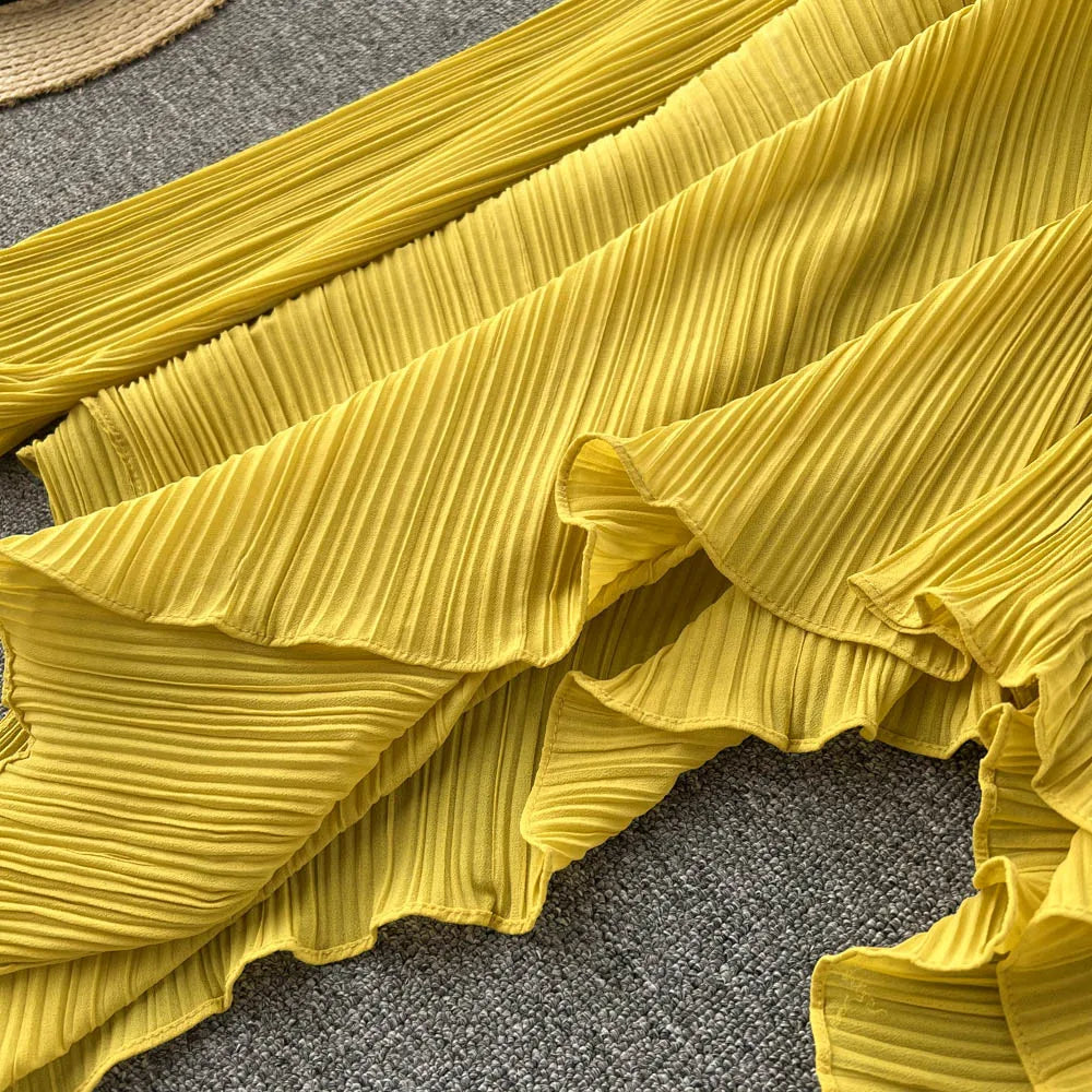 Clothland Stylish Yellow Blouse Set Two Piece Set Irregular Shirt Long Pants Pleated Women Chic Spring Suits TZ234