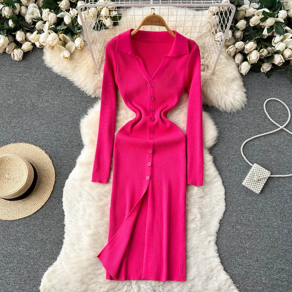 Women Long Sleeve Sexy Bodycon Dress with slit Vintage French Fashion Knit v neck Vestidos Basic Tight Elegant Slim Chic Dresses