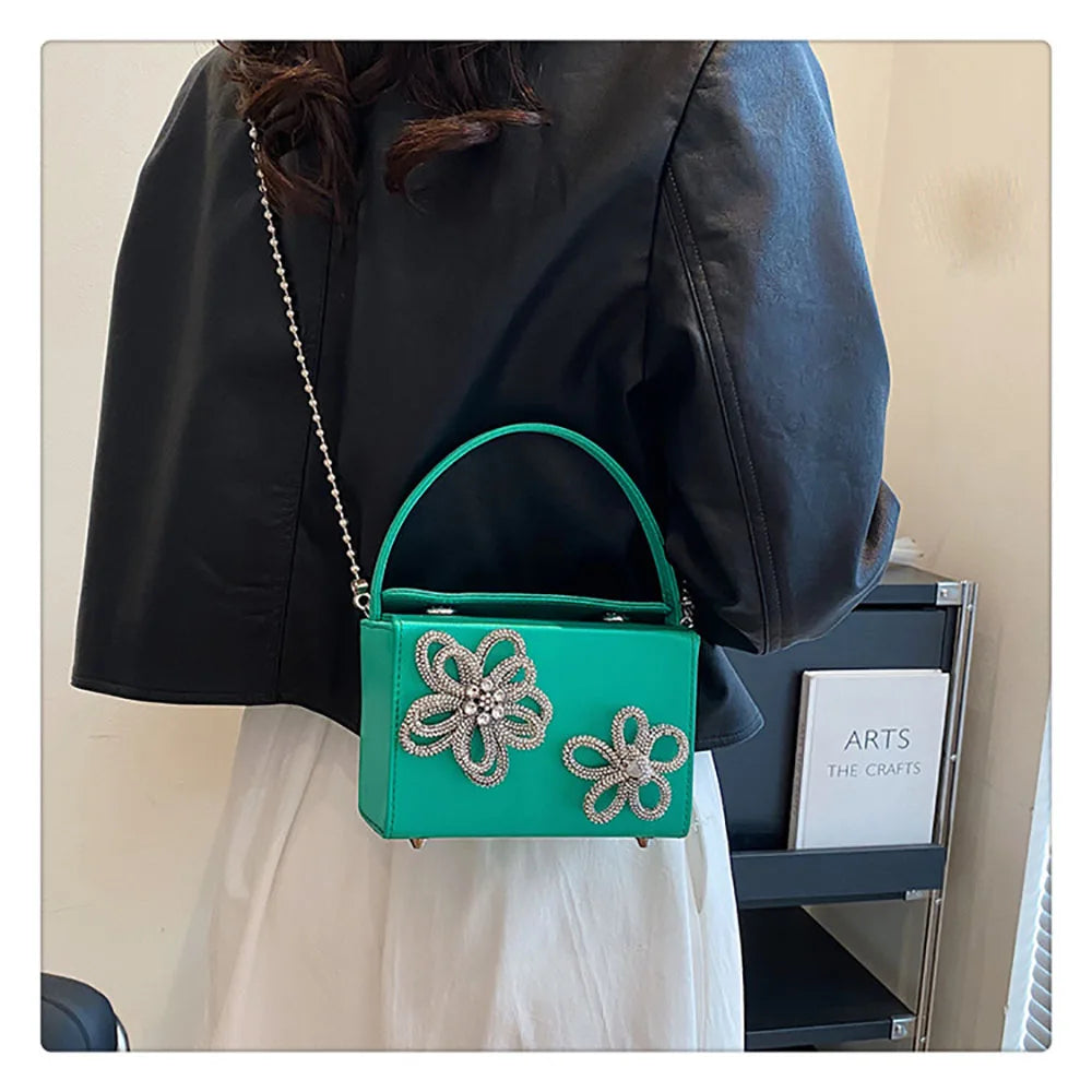 Light Luxury High-Grade Women Chain Crossbody Bag Korean Design Sense Diamond Flower New Pop Handbag Fashion Box Mini Square Bag