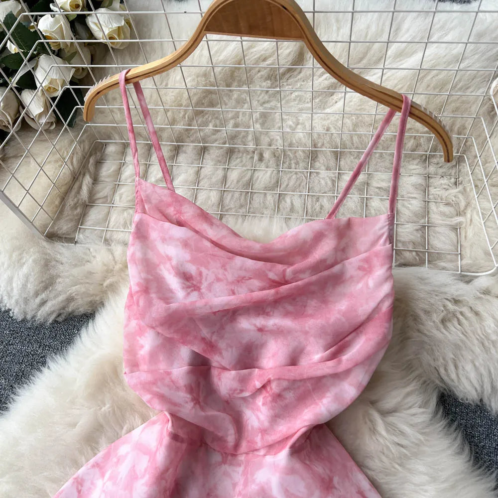Women Pink Beach Dress Summer Sleeveless Hollow Out High Waist A-line Floral Printing Chiffon Dresses Ladies Casual Long Robe