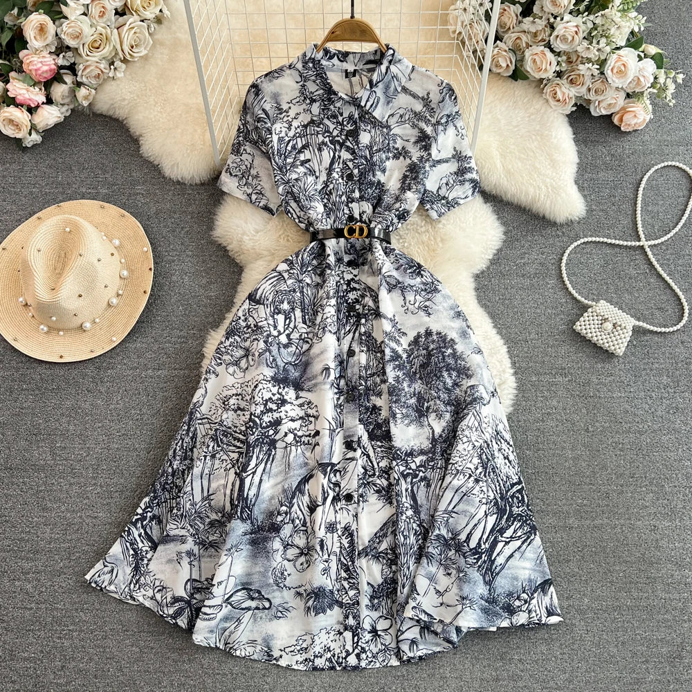 Summer Retro Shirt Dress Women Short Sleeved Lapel Single Breasted A-line Print Long Dresses Ladies Elegant Party Long Robe