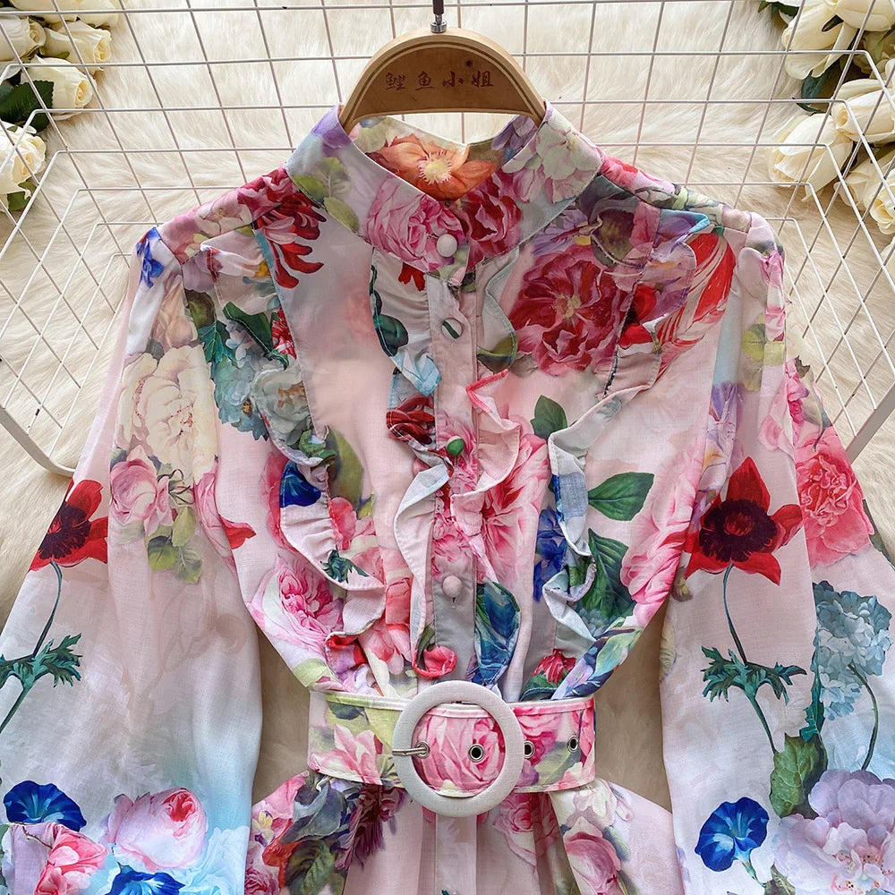 Mini Dresses For Women Frill Trim Long Sleeve Spring Vacation Dress Stand Collar Elegant Vintage Floral Print Dress With Belt
