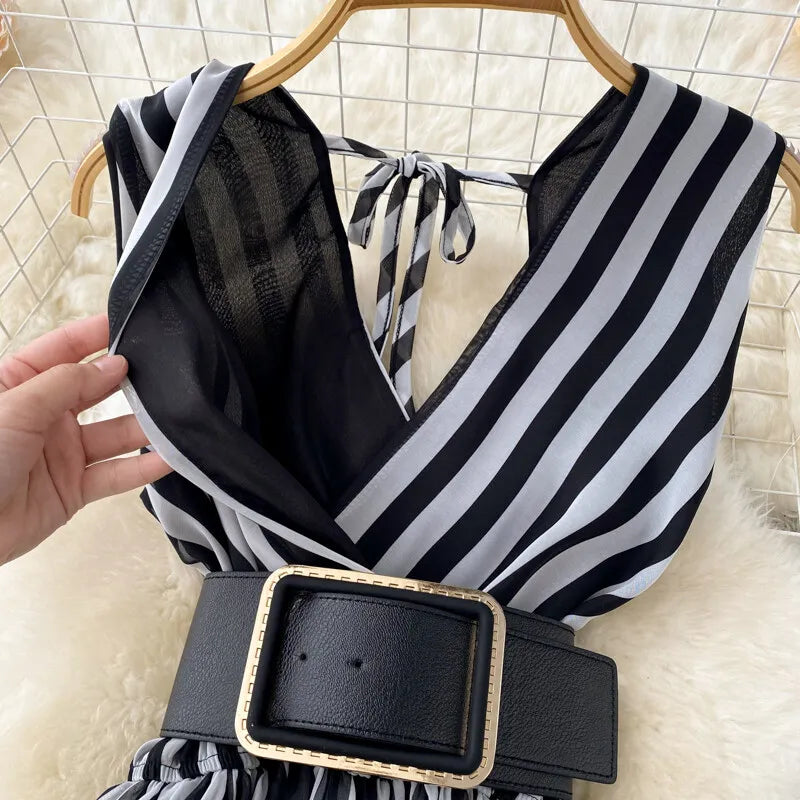 Women Chiffon Striped Jumpsuits Summer Sexy V-neck Sleeveless Elegant Wide-leg Long Pants Playsuits Ladies Dot Romper Overall