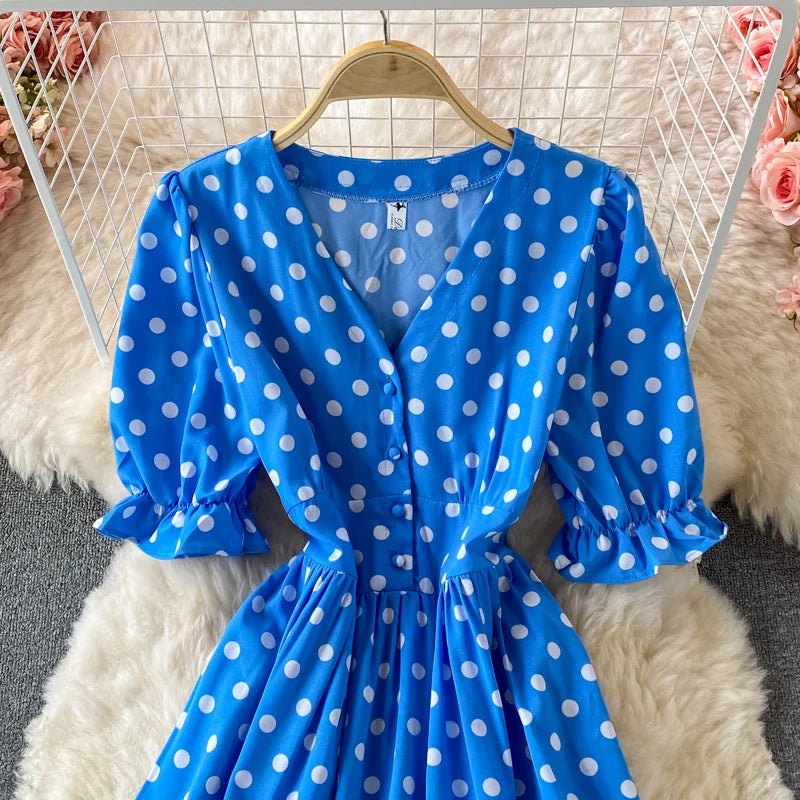 New Summer Women's Fashion Vintage Polka Dot Midi Dress Elegant and Chic A-Line Party Casual White Black Vestidos Female Robe