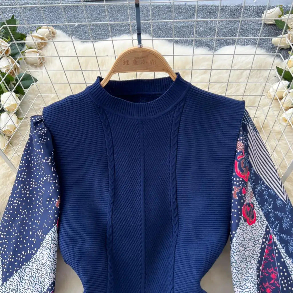 French Vintage Patchwork Print Knitted Dress Elegant and Chic Boho Beach Holiday Dresses A-Line Slim Waist Pleated Vestidos New