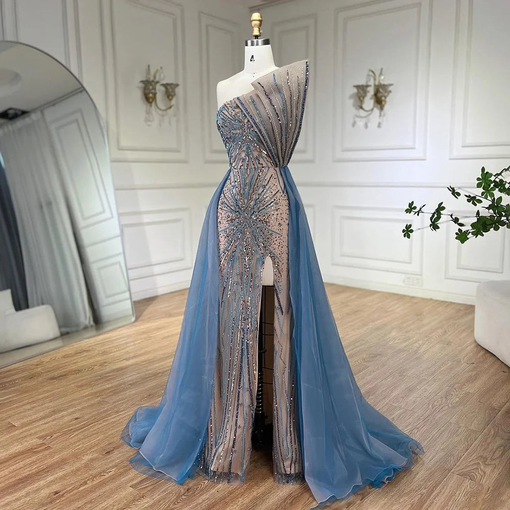 Serene Hill Blue High Split With Overskirt Mermaid Luxury Beaded Dubai Evening Dresses for Women Wedding Party 2024 LA71921A