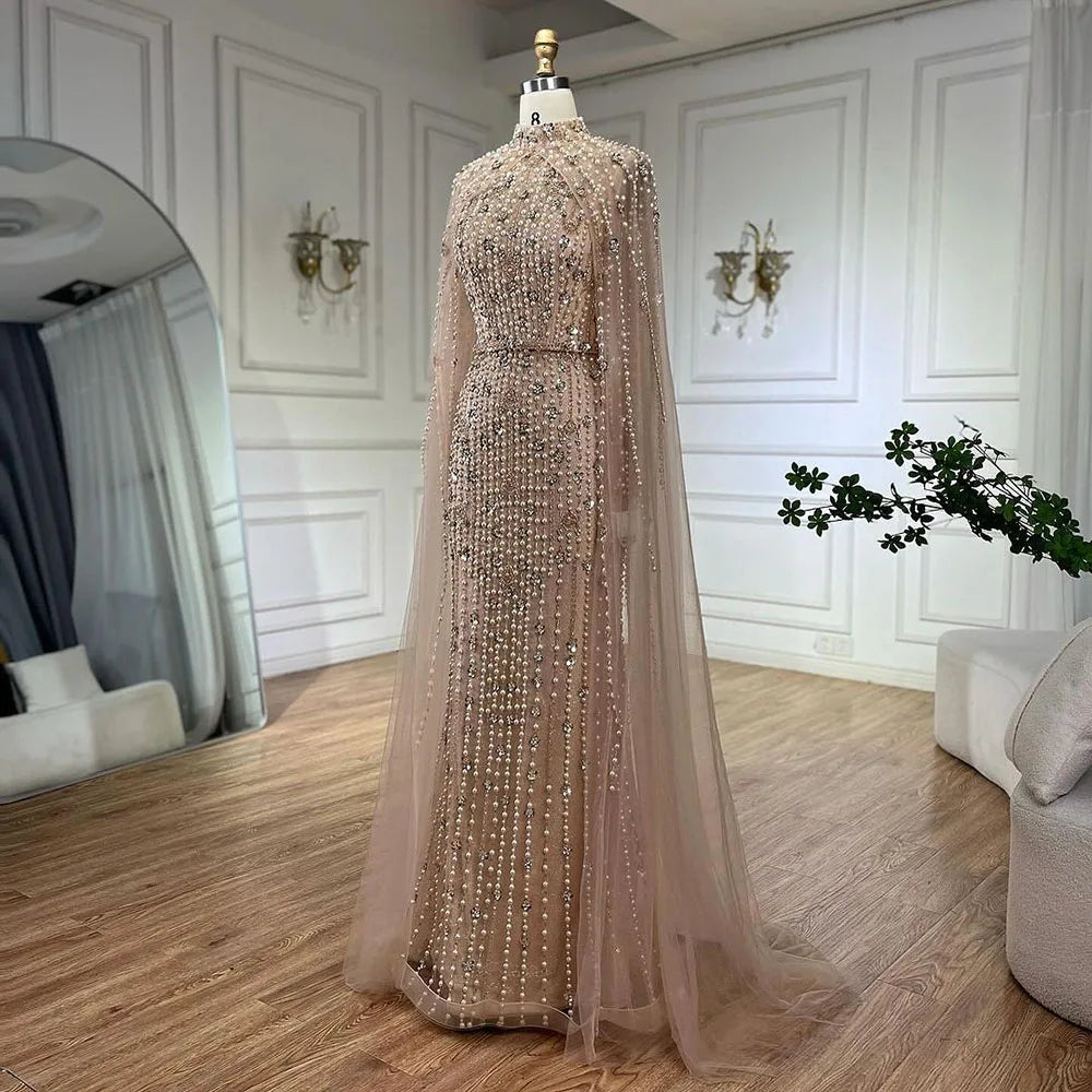 SERENE HILL 2024 Arabic Nude Mermaid Cape Long Sleeves Luxury Beaded Evening Dresses Formal Gowns Women Wedding Party GLA72372