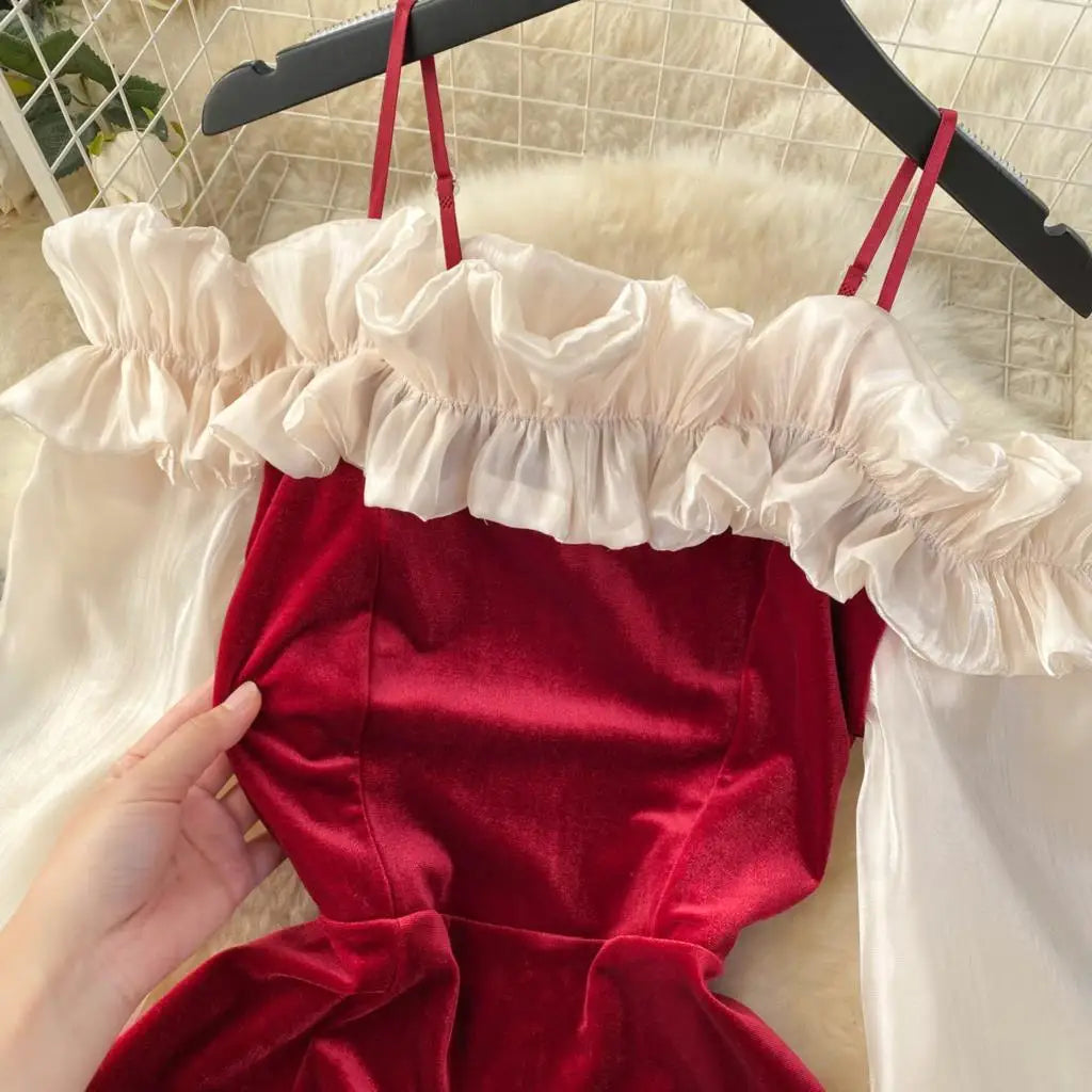 Sexy Bodycon Off Shoulder Party Dress Women Ruffles Velvet Patchwork Elegant Lady Fashion Prom Robe A-Line Vestidos Mujers New