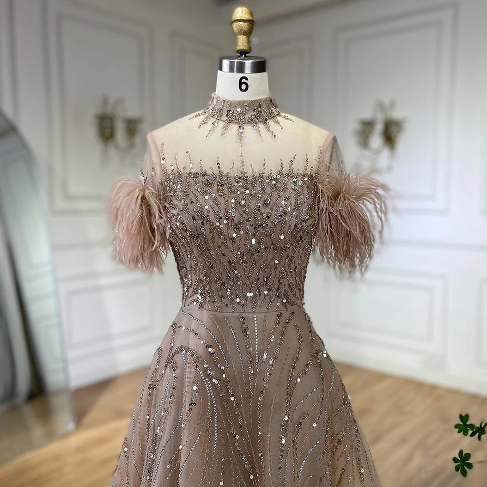 Serene Hill 2024 Arabic blue A Line Short Sleeveless Luxury Evening Dresses Beaded Feathers For Women Wedding Party LA72351