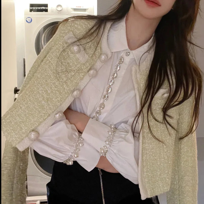 Luxurious Temperament Pearl Diamond Decoration Single breasted Lapel Shirt Blouse Women's Autumn New Elegant White Shirts Top