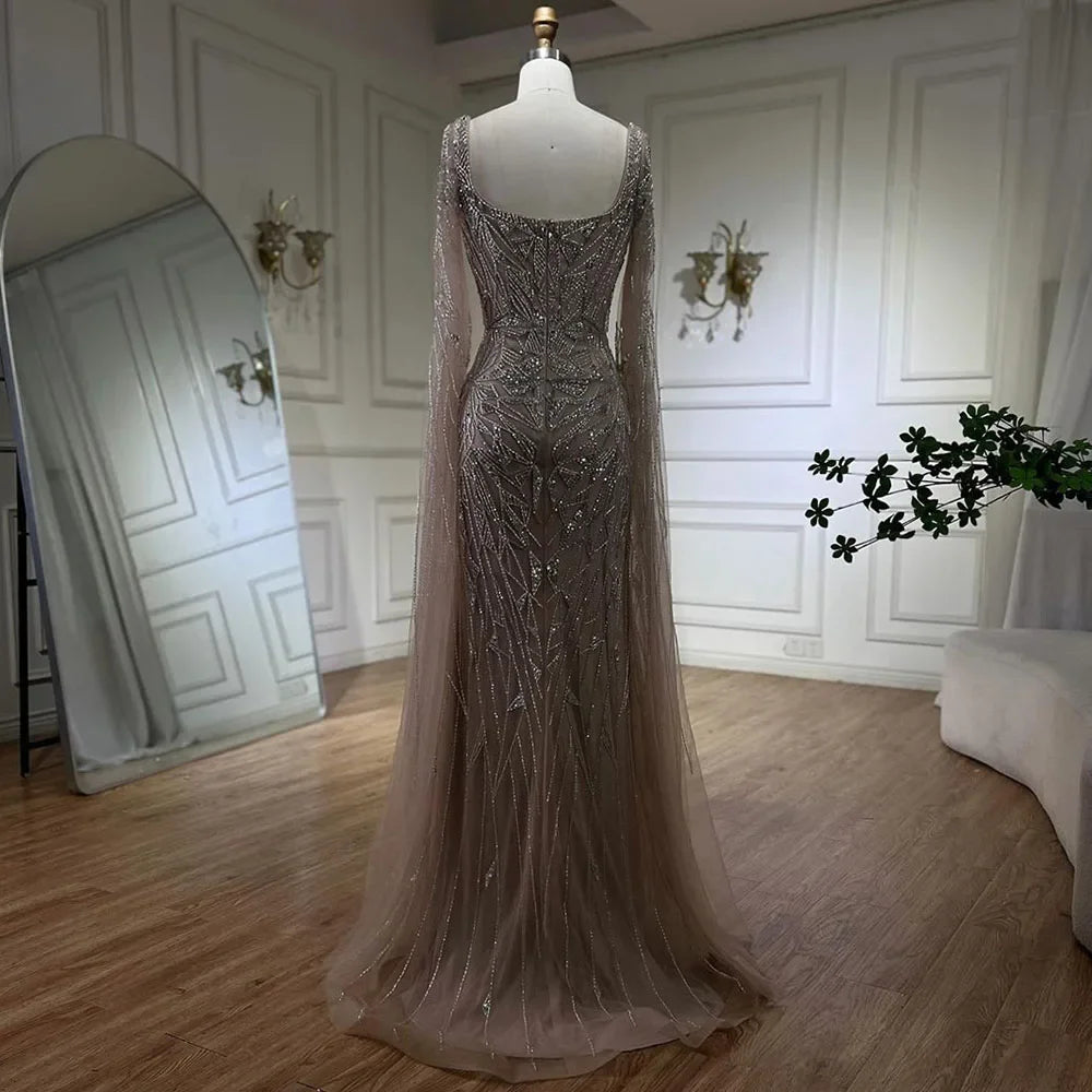 SERENE HILL 2024 Arabic Nude Cape Sleeves Mermaid Dubai Evening Dresses Beaded Luxury Wedding Party Gowns For Women GLA72261