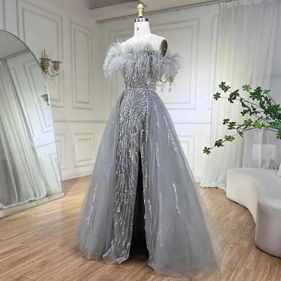 SERENE HILL 2024 Blue Feather Mermaid Luxury Beaded Evening Dresses Overskirt Formal Pink Gowns For Women Wedding Party GLA72061