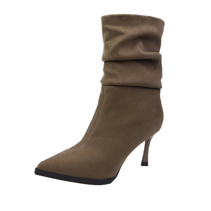 High Heel Women Pleated Ankle Boots Fashion Pointed Toe Slip On Shoes Dancing Party Dress Short Botas De Mujer
