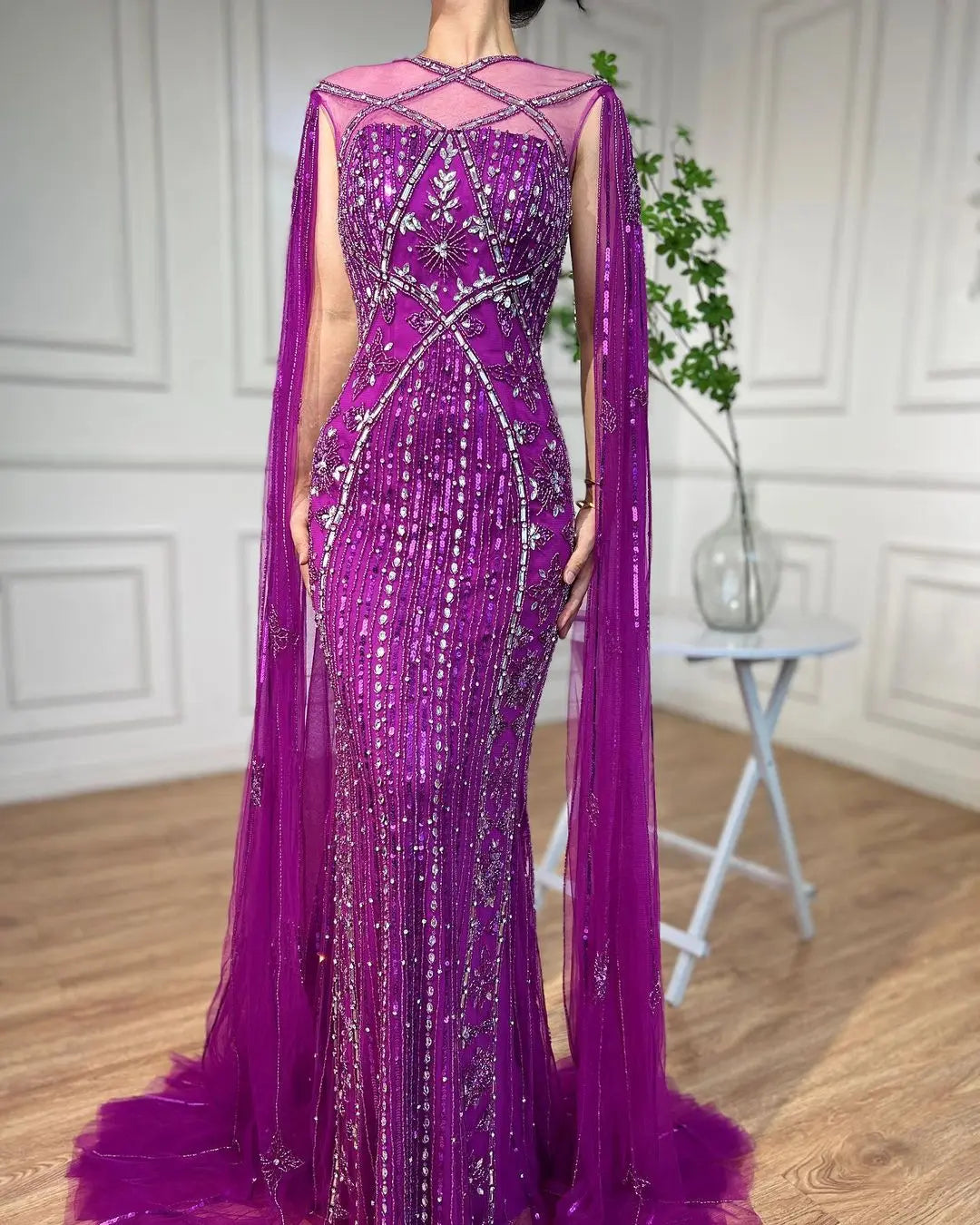 SERENE HILL Arabic Caramel Mermaid Elegant Cape Sleeves Beaded Luxury Evening Dresses 2024 Formal Gown For Women Party GLA71905A