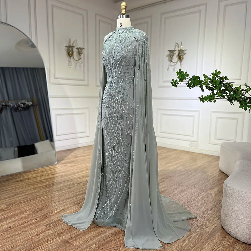 Serene Hill Muslim Sage Green Mermaid Long Cape Beaded Satin Luxury Evening Dresses Gowns For Women Party 2024 LA72413A