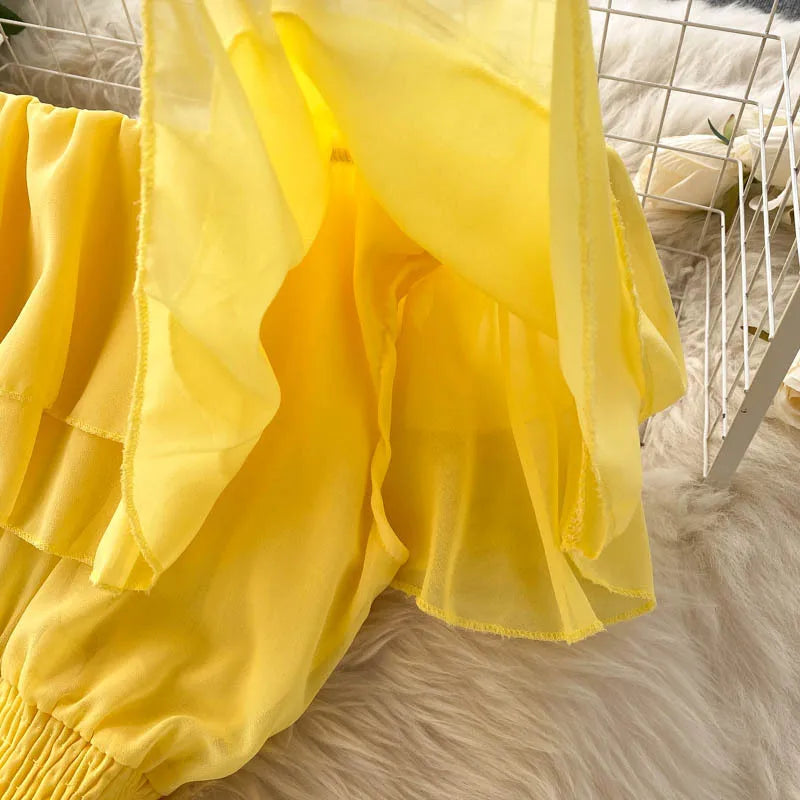 Women Chiffon Beach Dress Sexy Double Layer Ruffled Off The Shoulder Boho Dresses Ladies Sweet Slash Neck Long Dress