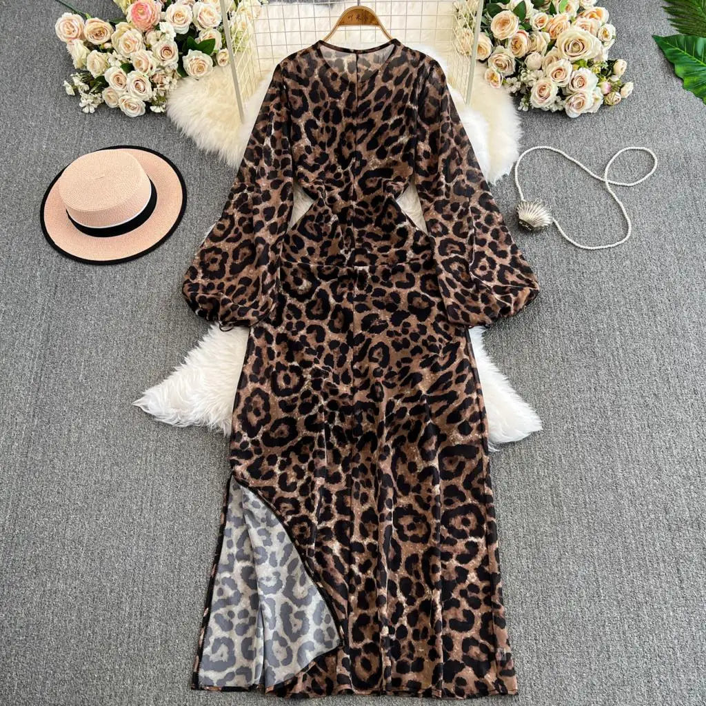 Autumn Elegant Women Leopard Print Long Sleeve Dress Casual Loose A-Line Slit Evening Dresses New Fashion Vintage Vestido Mujers