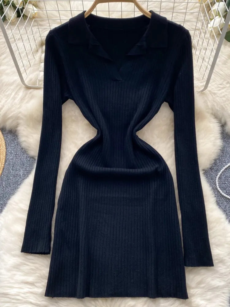 Y2k French Vintage Knitted Dress for Women Autumn Bodycon V-neck Long Sleeved Solid Simplicity Fashion Causal A-line Dresses