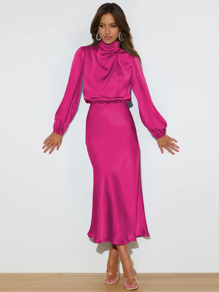 Spring Summer New High-End Satin Long Sleeved Dress Women's Ladylike Elegant Evening Dress Party Clothes Celebrity Dresses